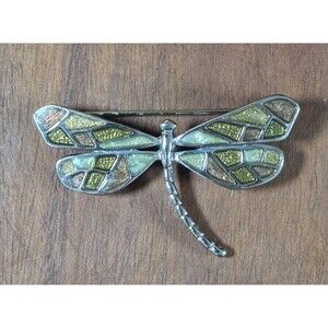 Vintage Art Nouveau Dragonfly Brooch - Green & Amber Glitter Enamel Pin